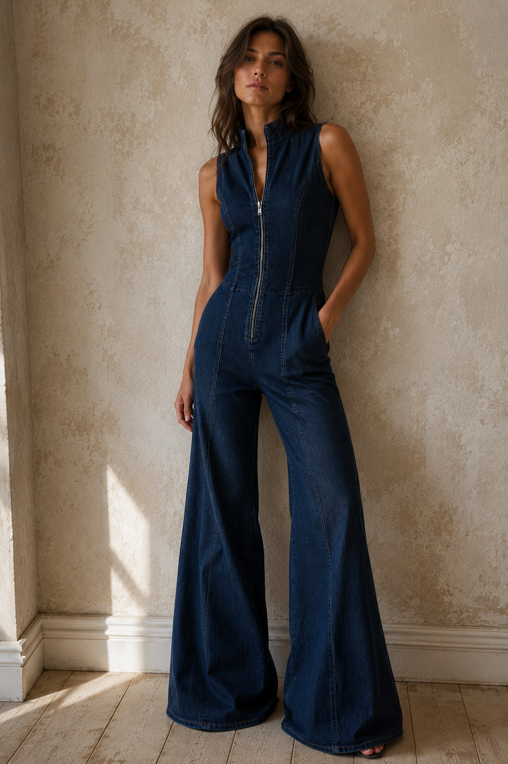 Women's sleeveless wide-leg denim jumpsuit zip front