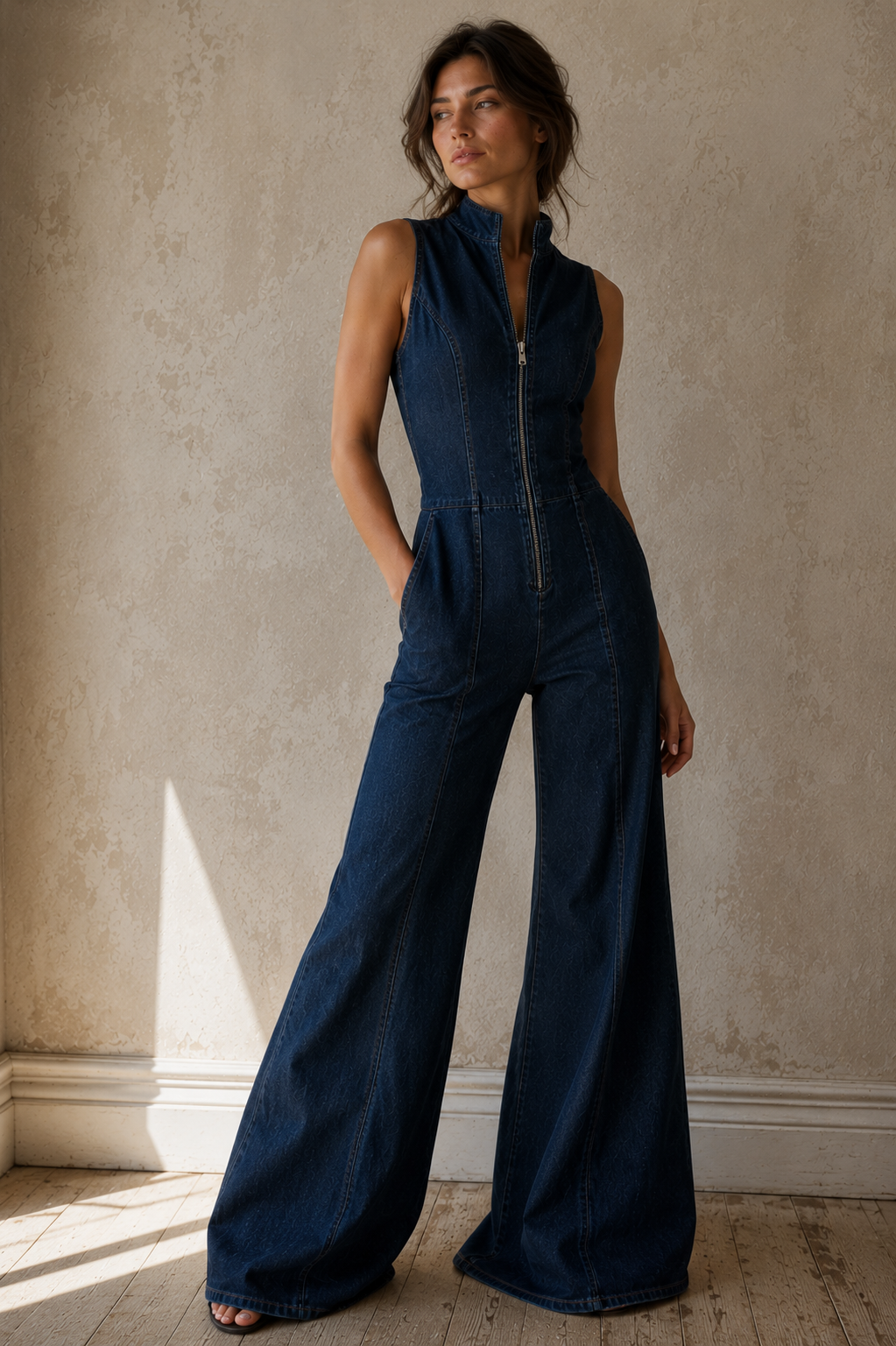 Women's sleeveless wide-leg denim jumpsuit zip front