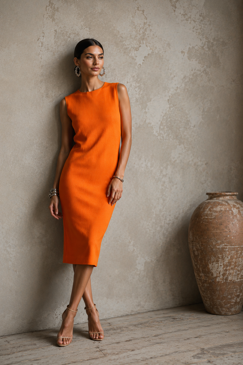Women's Sleeveless Bodycon Midi Dress – Orange