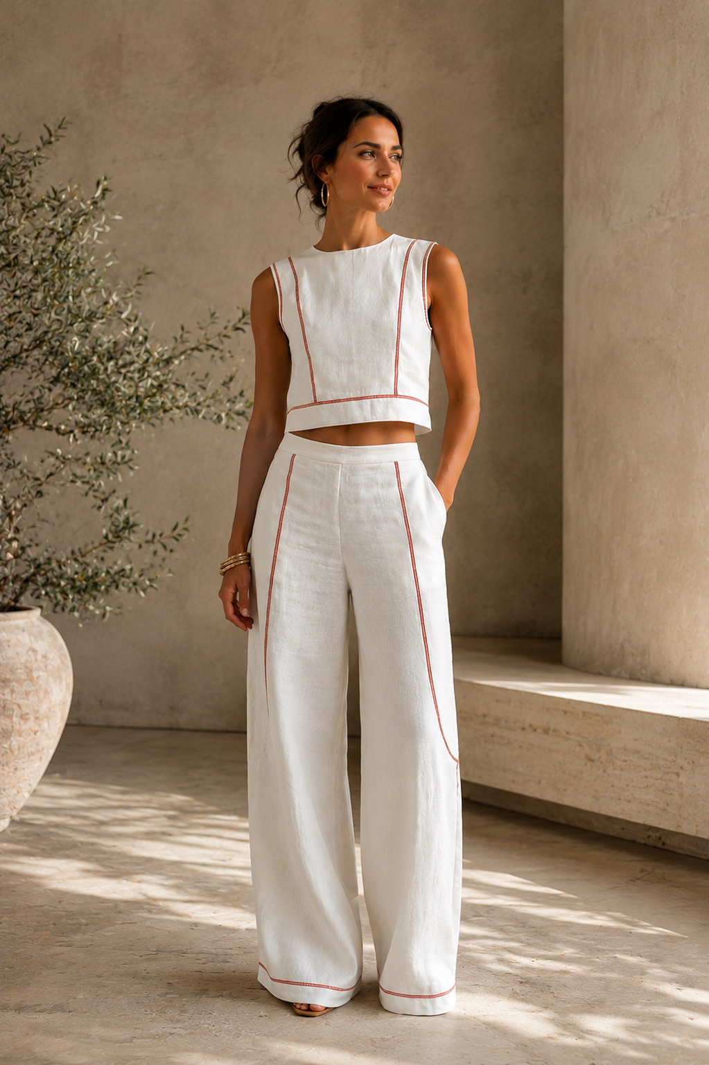 Women's Linen Two-Piece Set Sleeveless Crop Top Wide-Leg Trousers