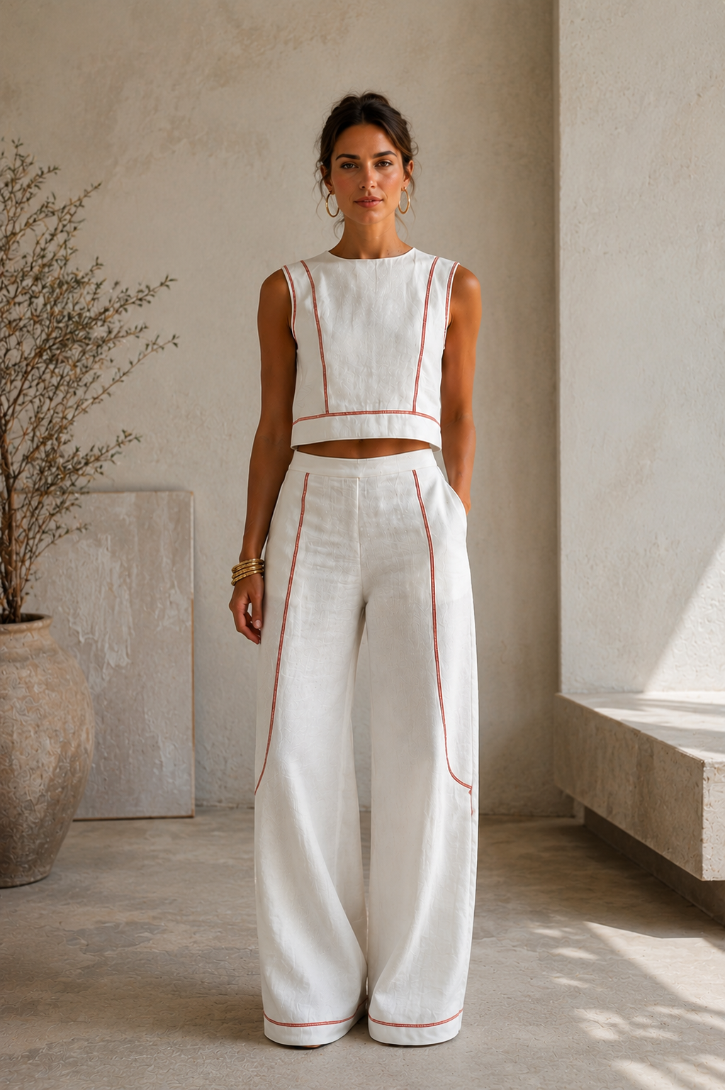 Women's Linen Two-Piece Set Sleeveless Crop Top Wide-Leg Trousers