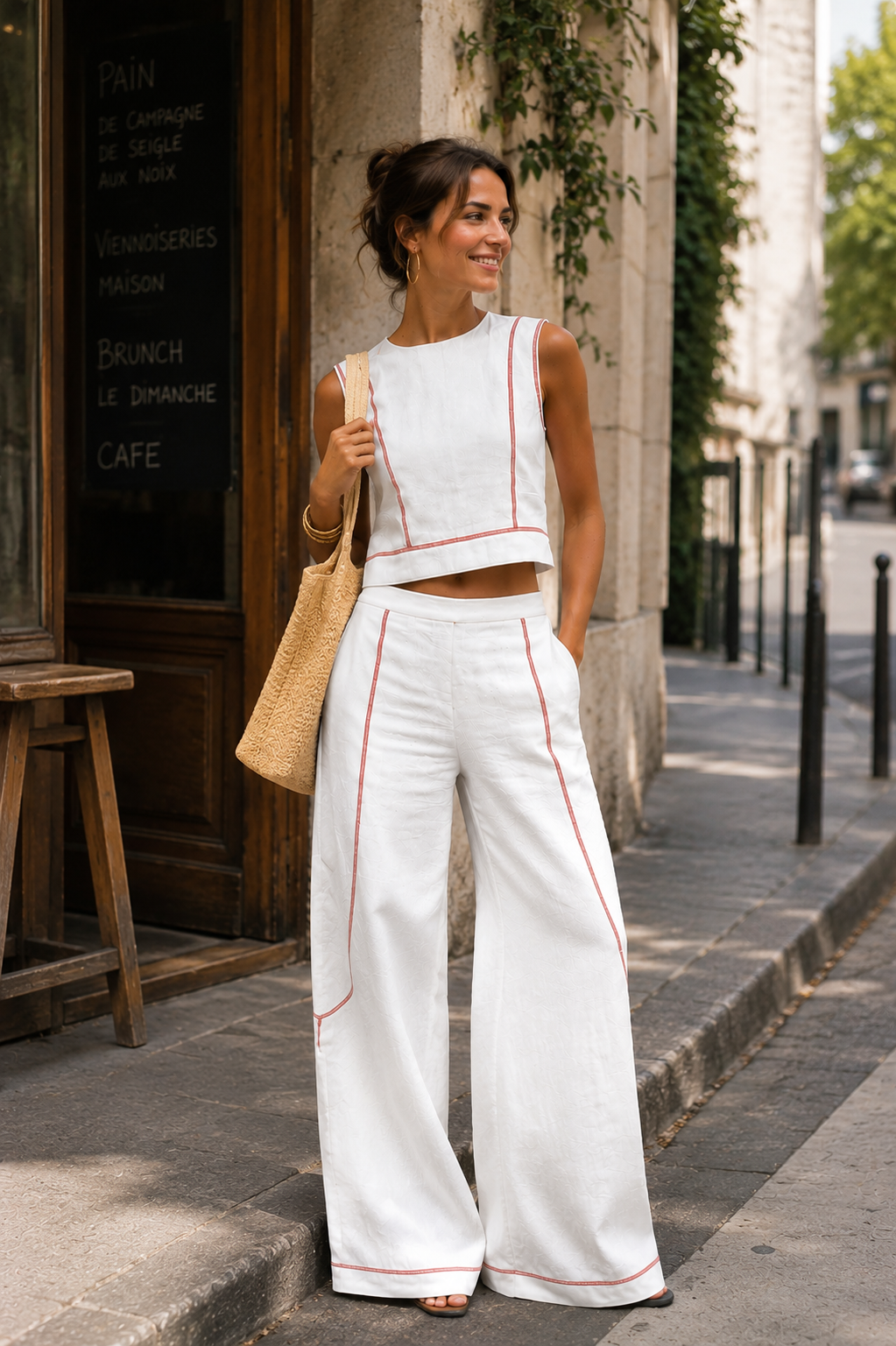 Women's Linen Two-Piece Set Sleeveless Crop Top Wide-Leg Trousers
