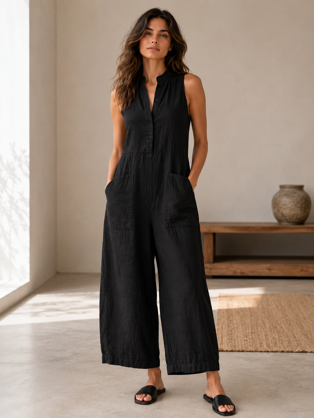 Women's Linen Blend Sleeveless Jumpsuit – Minimalist, Stand Collar, Loose Fit