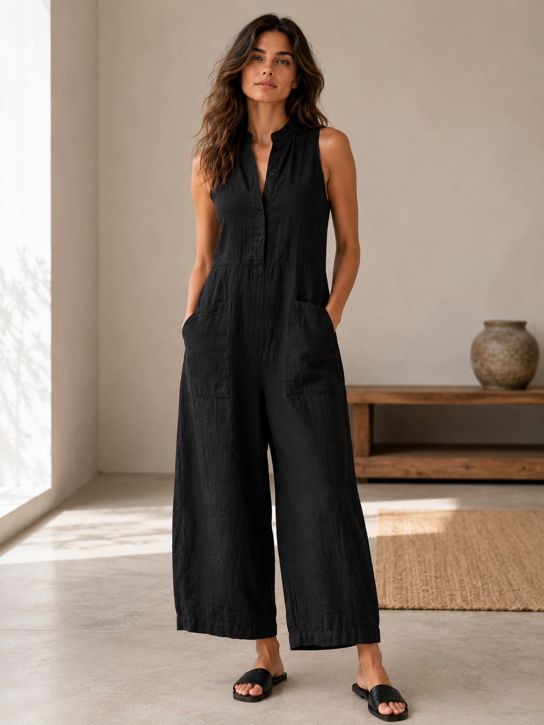 Women's Linen Blend Sleeveless Jumpsuit – Minimalist, Stand Collar, Loose Fit