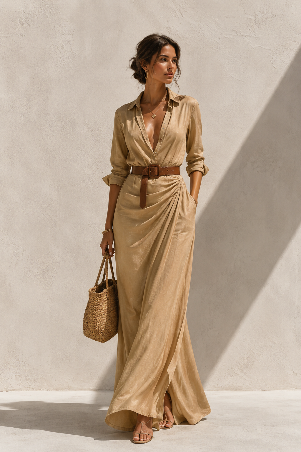 Ladies Draped Shirt Maxi Dress — clean and elegant