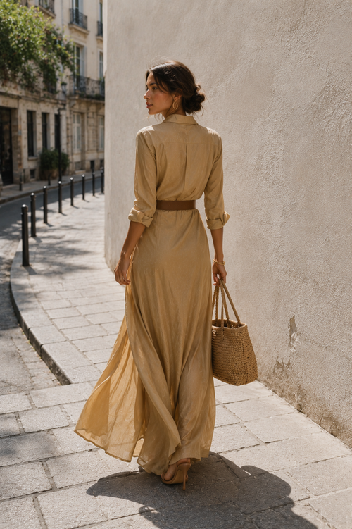 Ladies Draped Shirt Maxi Dress — clean and elegant