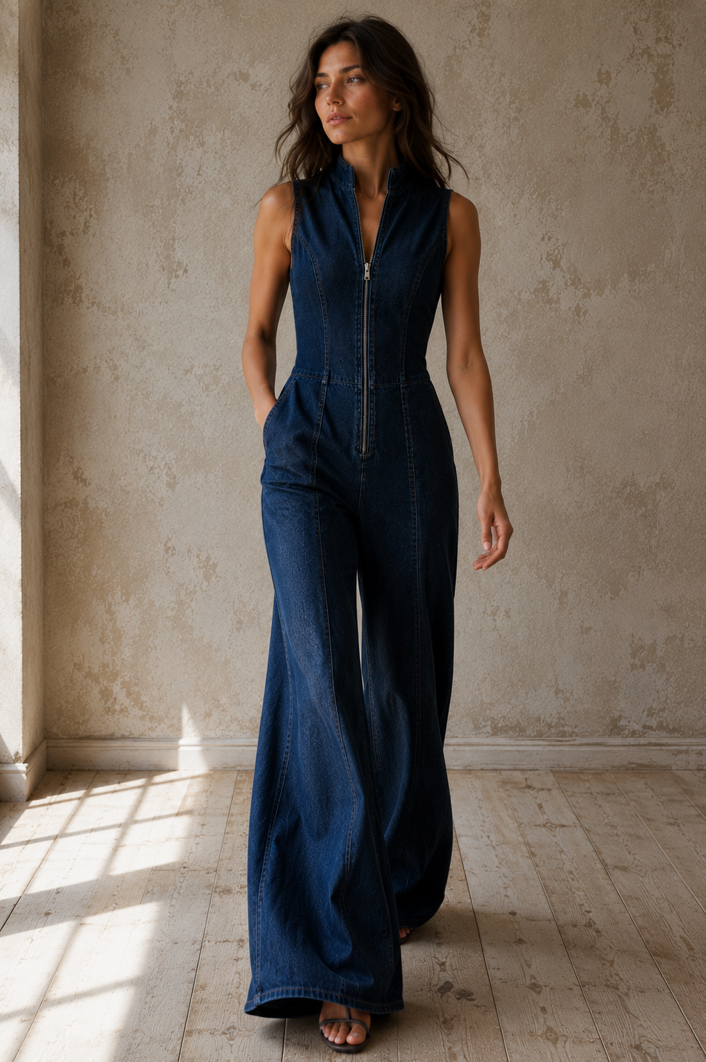 Women's sleeveless wide-leg denim jumpsuit zip front