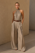 Women's Sleeveless Halter-Neck Wide-Leg Jumpsuit – Taupe