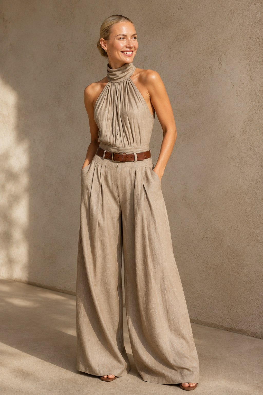 Women's Sleeveless Halter-Neck Wide-Leg Jumpsuit – Taupe