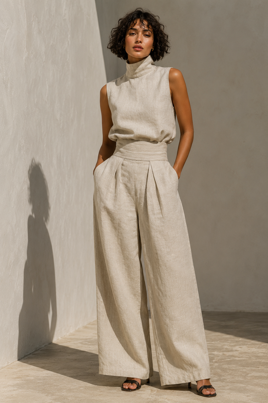 Women's Minimalist Cotton-Linen Blend Sleeveless Mock-Neck Blouse and Wide-Leg Pants Set