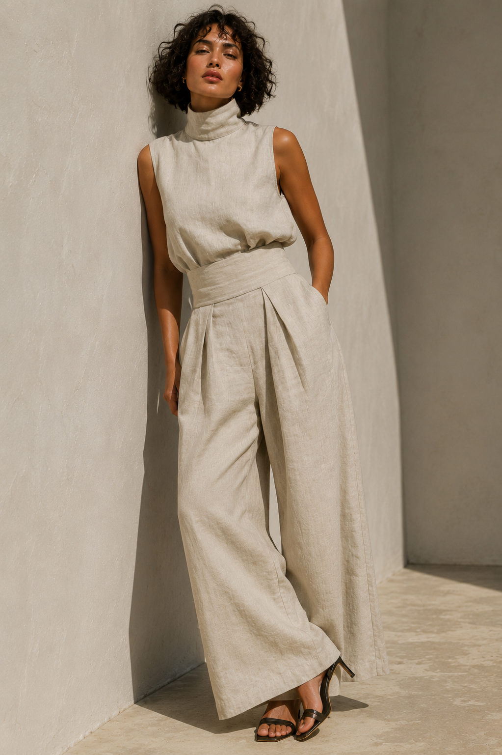 Women's Minimalist Cotton-Linen Blend Sleeveless Mock-Neck Blouse and Wide-Leg Pants Set