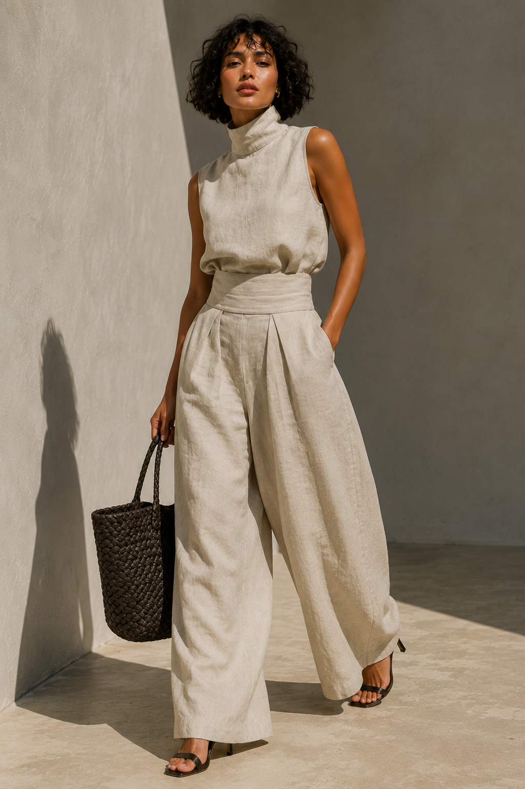Women's Minimalist Cotton-Linen Blend Sleeveless Mock-Neck Blouse and Wide-Leg Pants Set