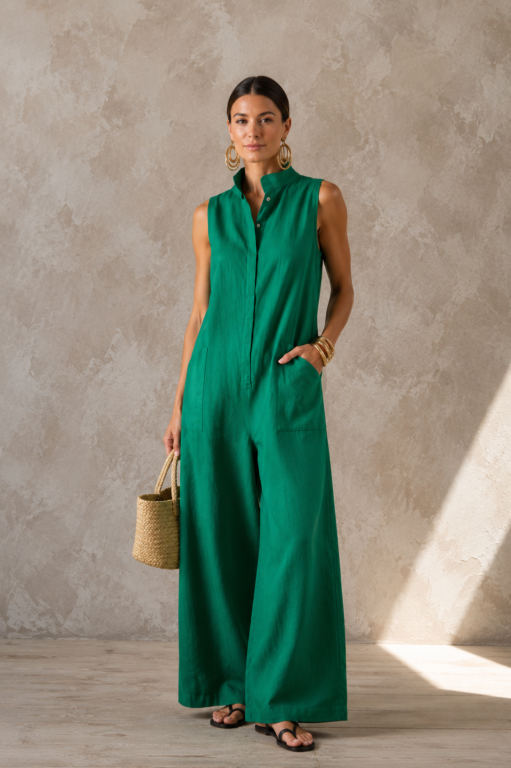 Women's Sleeveless Green Wide-Leg Jumpsuit Stand Collar Button Front