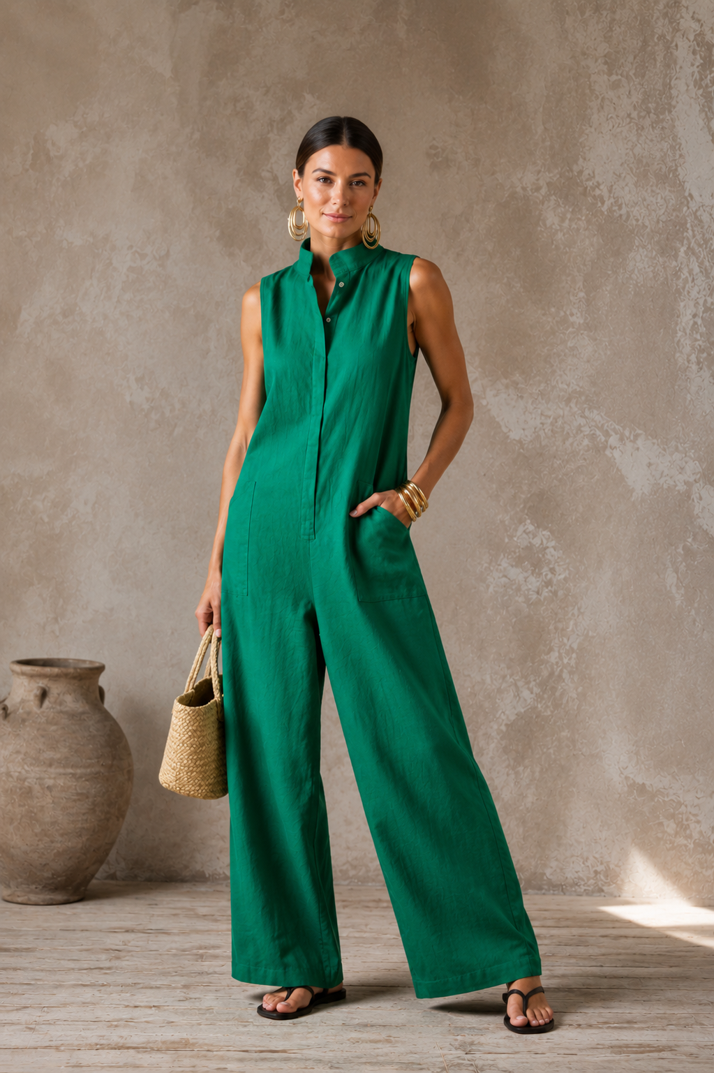 Women's Sleeveless Green Wide-Leg Jumpsuit Stand Collar Button Front