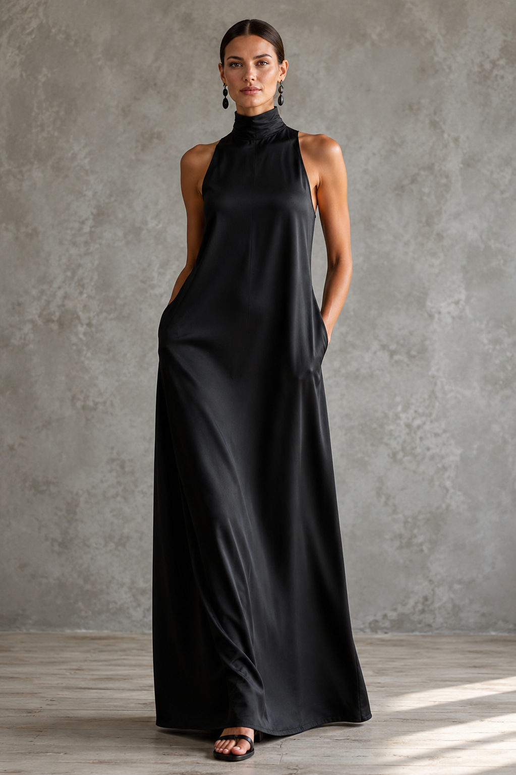Women's Sleeveless Black Satin Maxi Dress Halter Mock Neck