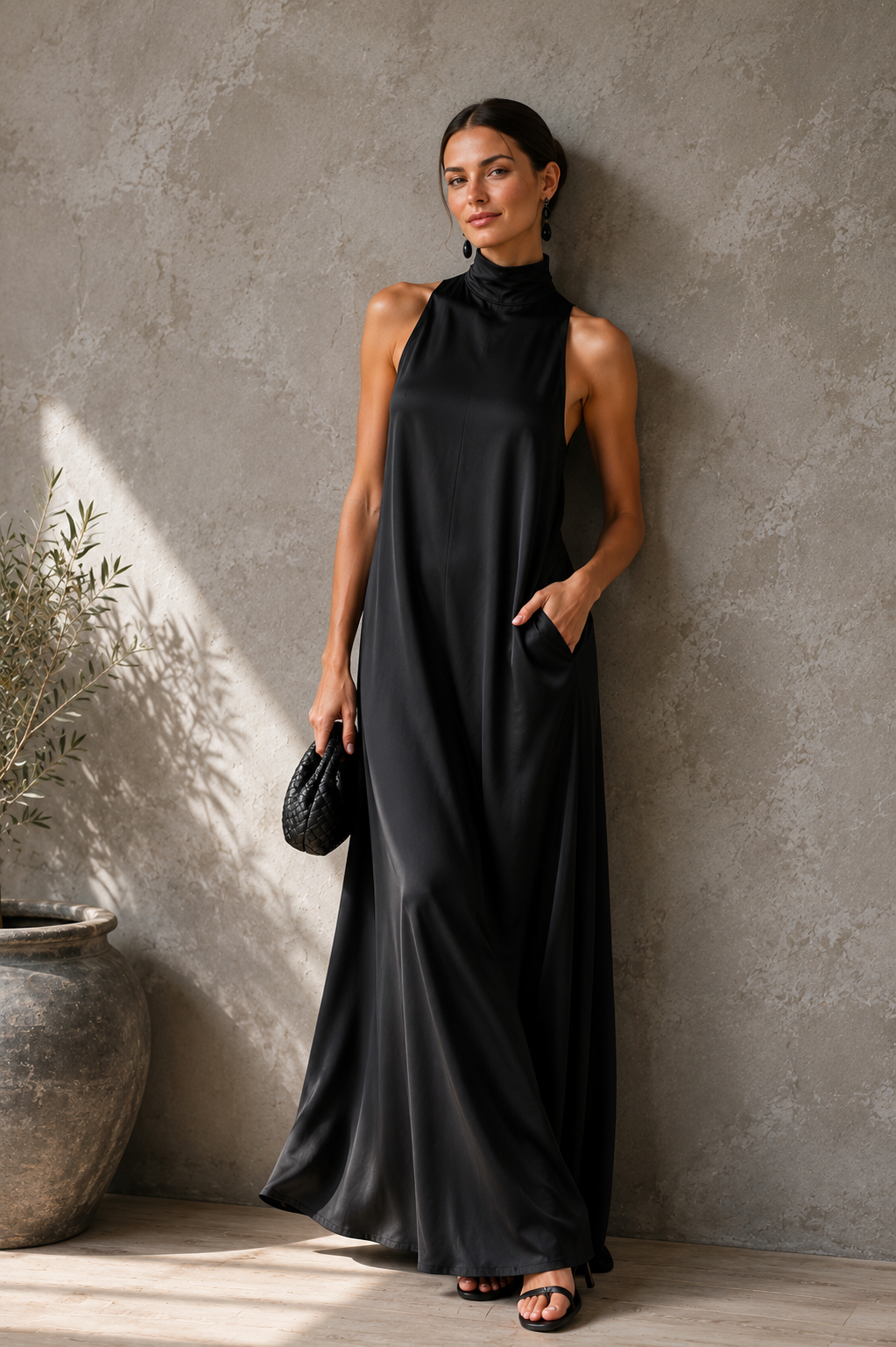 Women's Sleeveless Black Satin Maxi Dress Halter Mock Neck