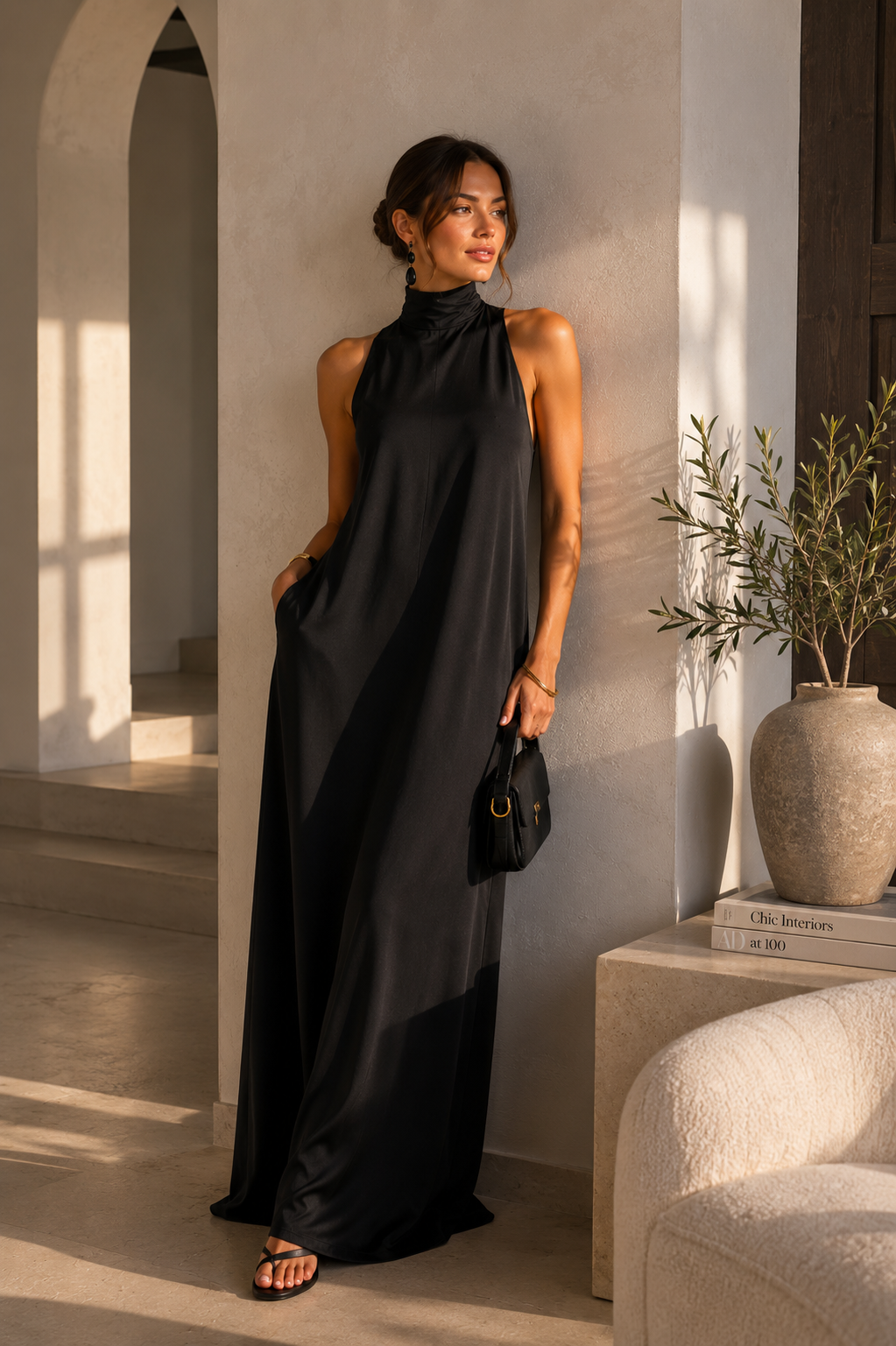 Women's Sleeveless Black Satin Maxi Dress Halter Mock Neck