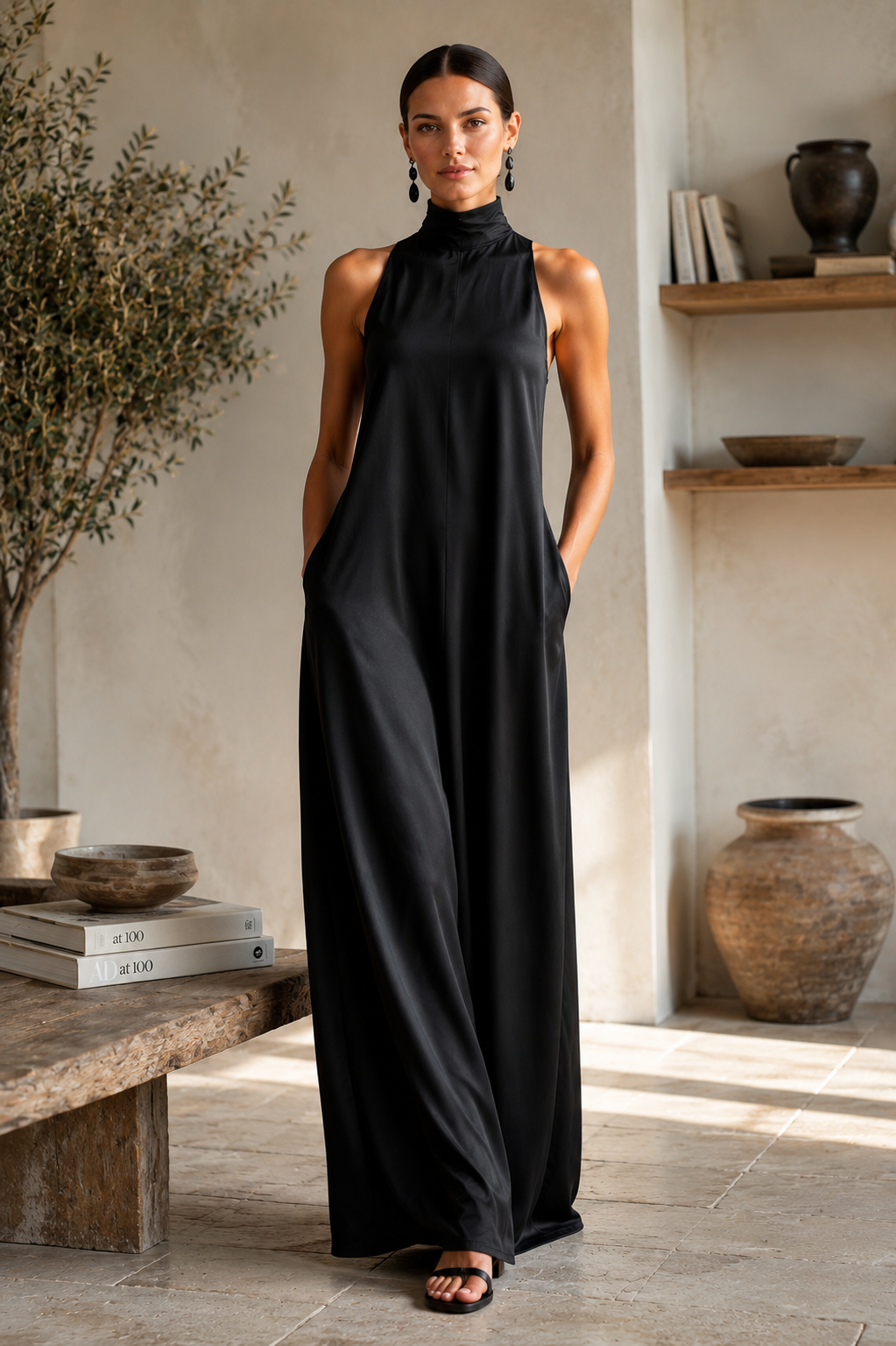 Women's Sleeveless Black Satin Maxi Dress Halter Mock Neck