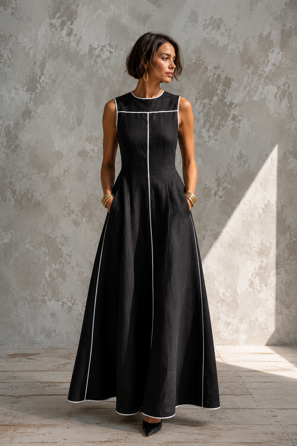 Women's Sleeveless Black Maxi Dress Contrast Piping A-Line