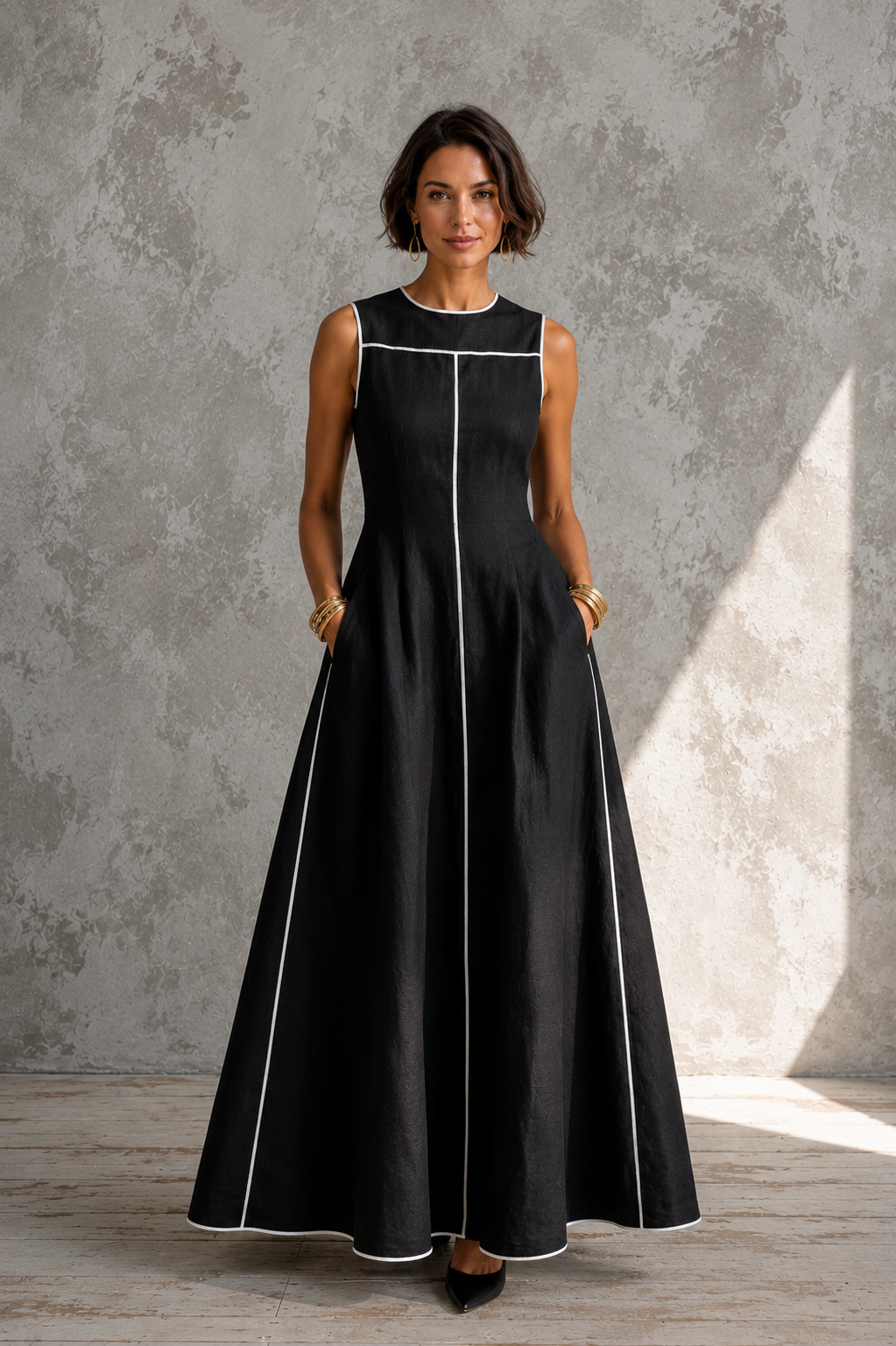 Women's Sleeveless Black Maxi Dress Contrast Piping A-Line