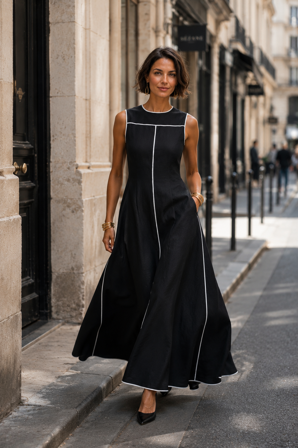Women's Sleeveless Black Maxi Dress Contrast Piping A-Line