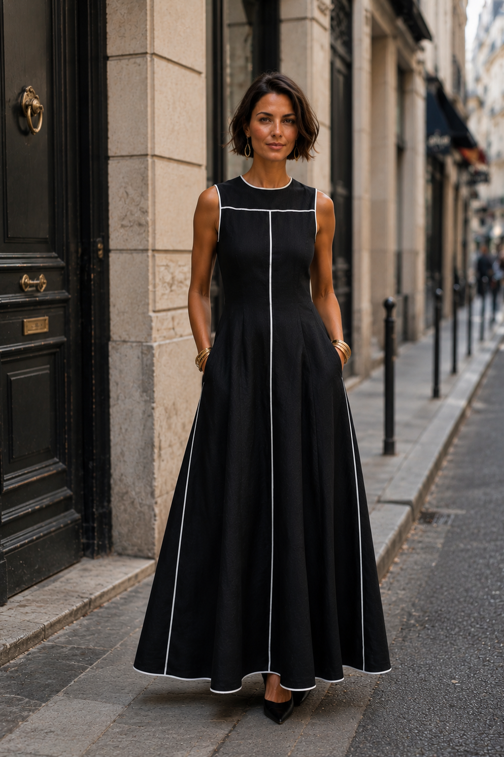 Women's Sleeveless Black Maxi Dress Contrast Piping A-Line