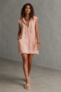 Women's Relaxed-Fit Linen Mini Dress — Hooded, Raw Hem, Pocket Detail