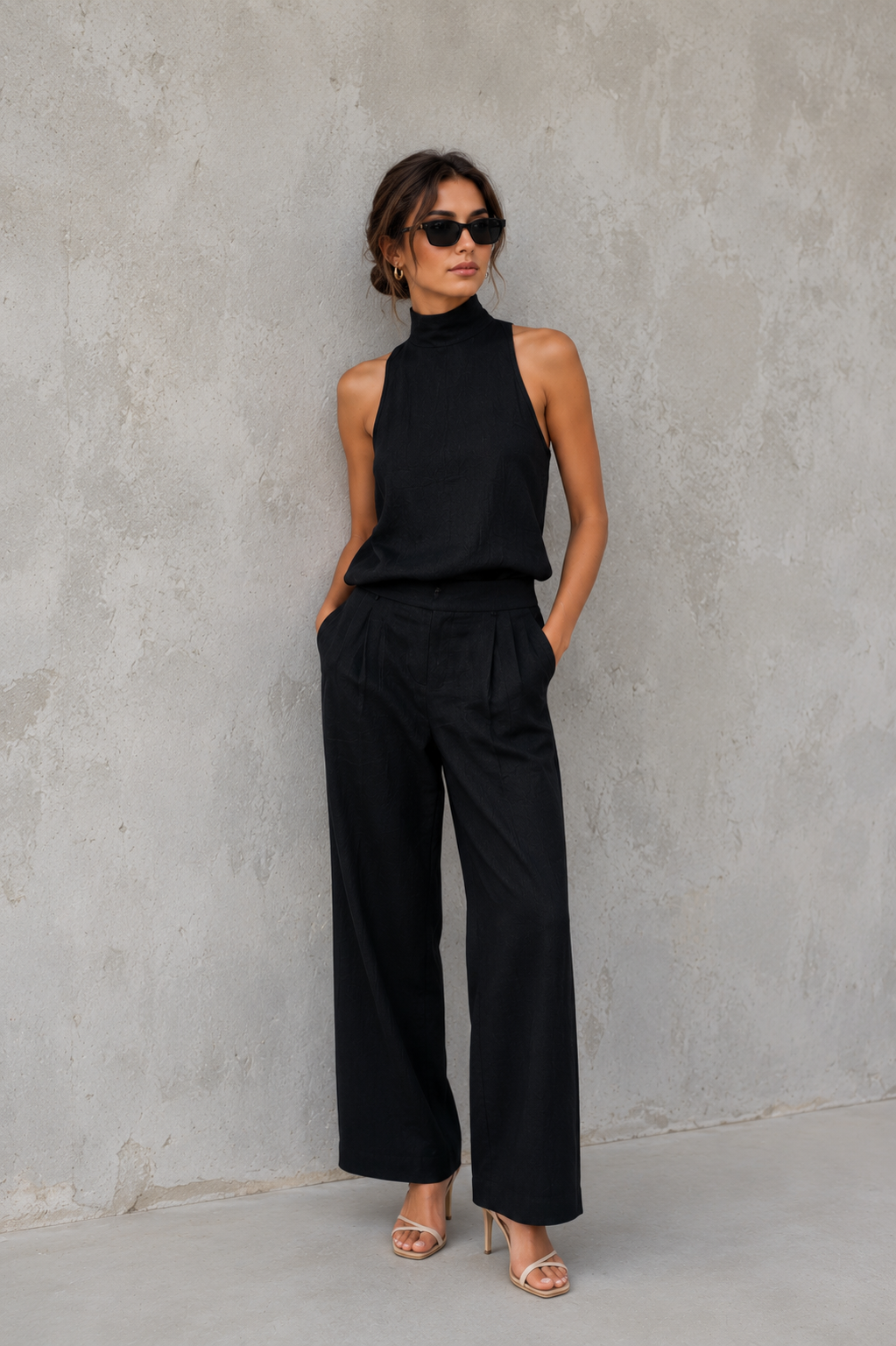 Women's Elegant Black High-Neck Sleeveless Top And Wide-Leg Trousers Set