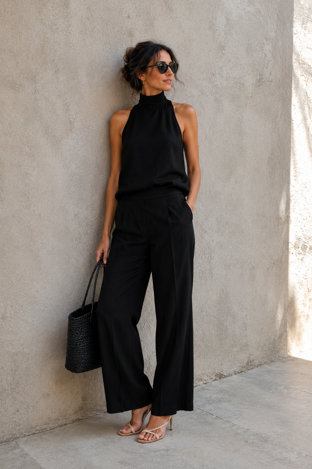 Women's Elegant Black High-Neck Sleeveless Top And Wide-Leg Trousers Set