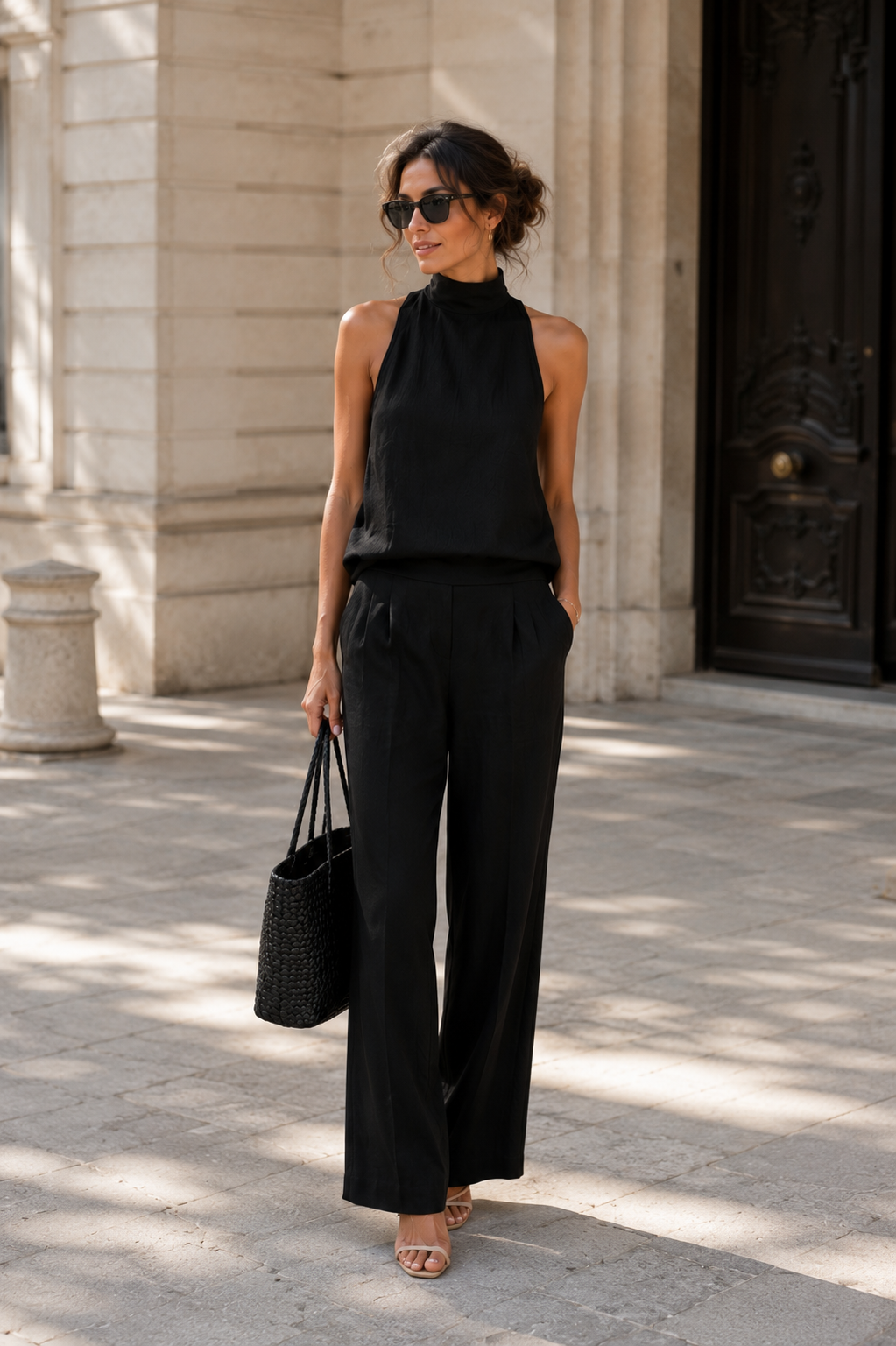 Women's Elegant Black High-Neck Sleeveless Top And Wide-Leg Trousers Set