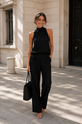Women's Elegant Black High-Neck Sleeveless Top And Wide-Leg Trousers Set