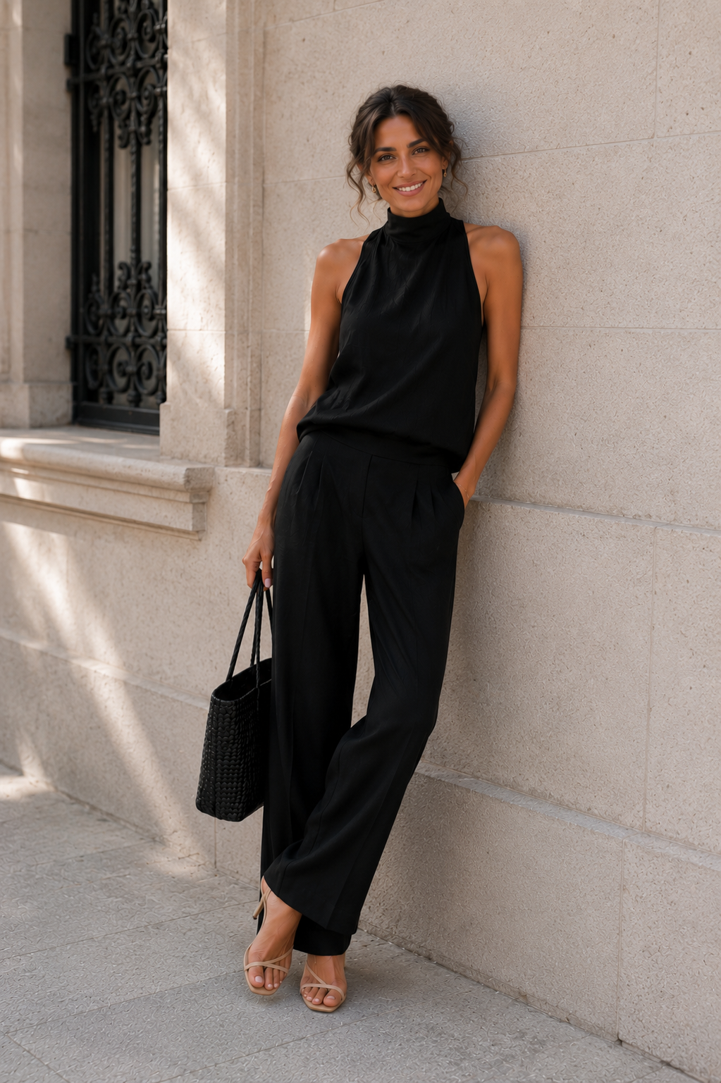 Women's Elegant Black High-Neck Sleeveless Top And Wide-Leg Trousers Set
