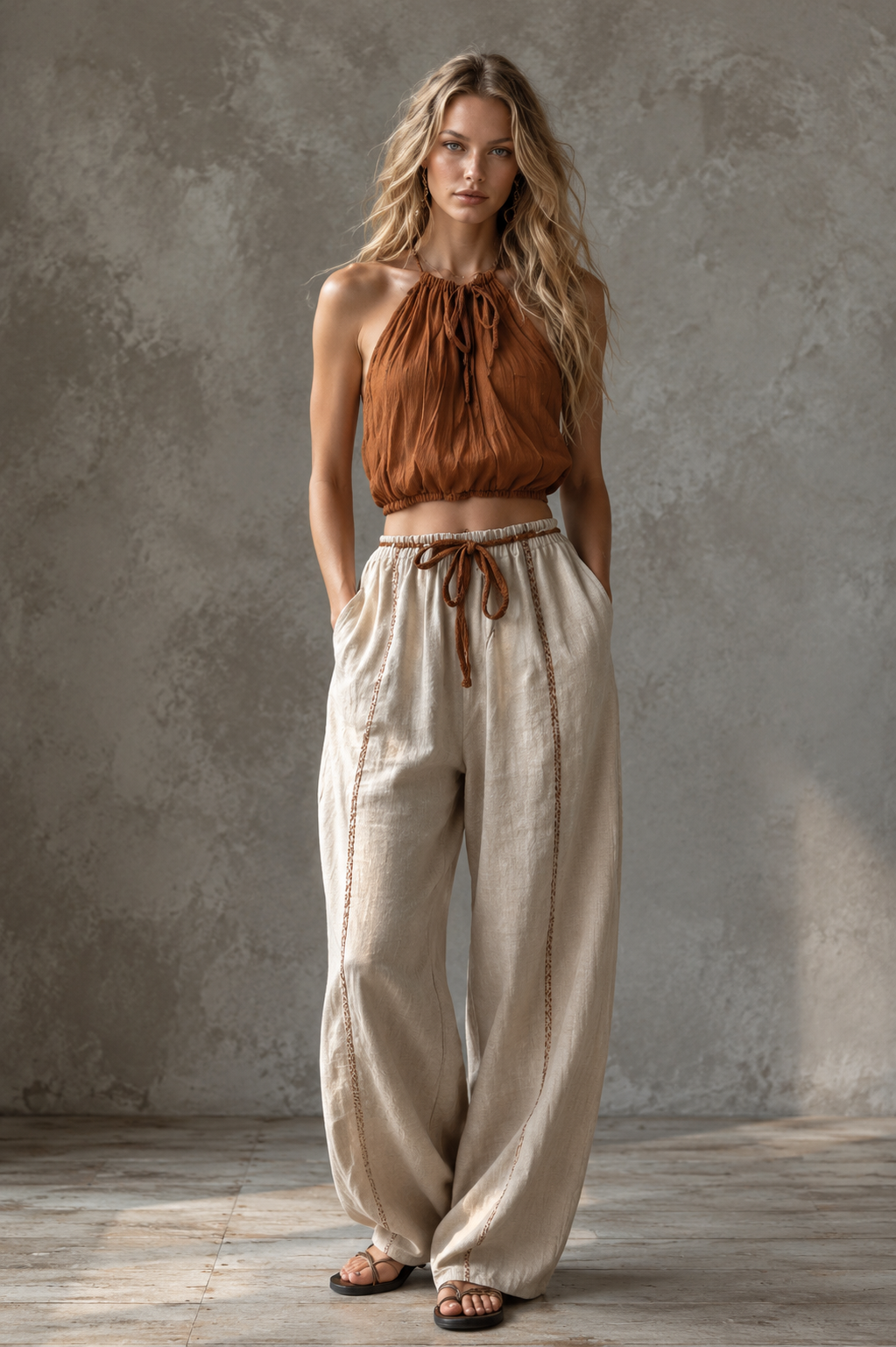 Women's Sleeveless Halter Top Oversized Wide-Leg Pants Set