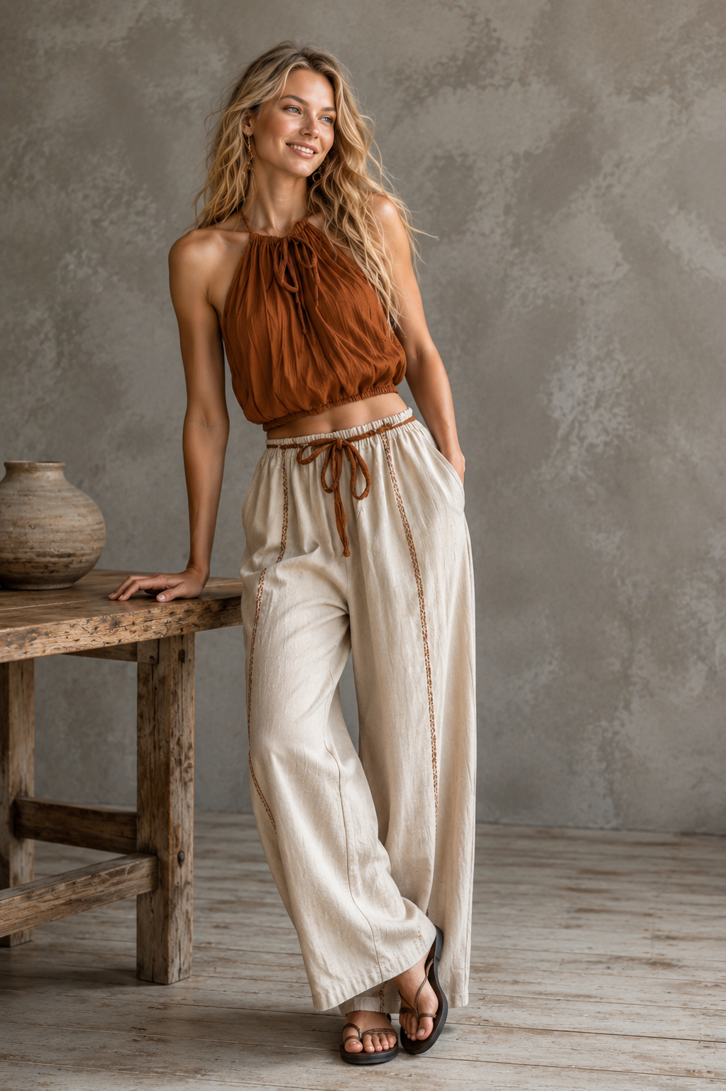 Women's Sleeveless Halter Top Oversized Wide-Leg Pants Set