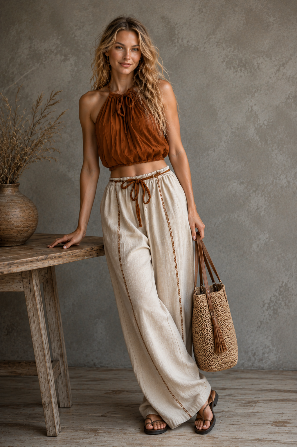 Women's Sleeveless Halter Top Oversized Wide-Leg Pants Set