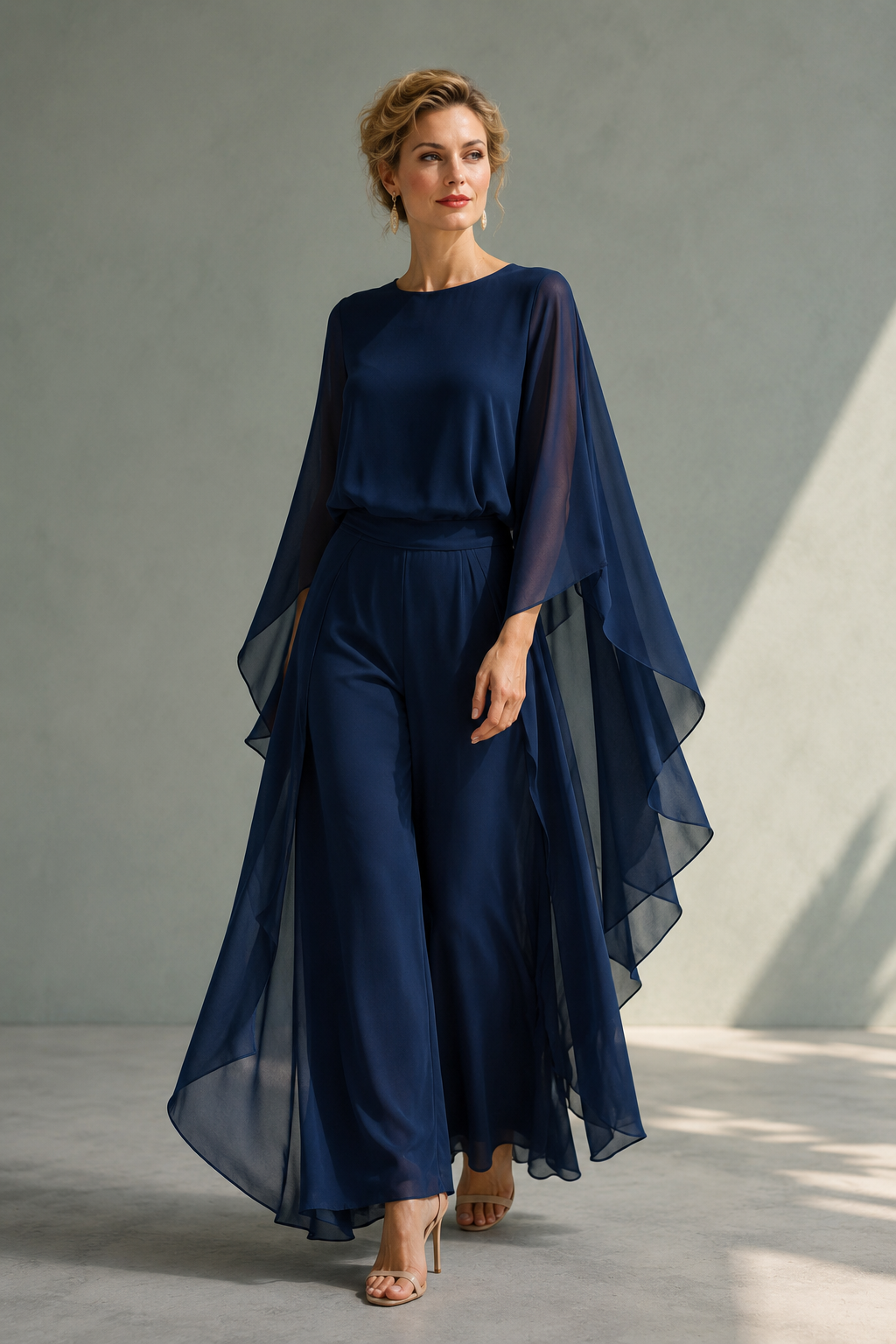 Women's Cape-Sleeve Wide-Leg Chiffon Jumpsuit – Navy
