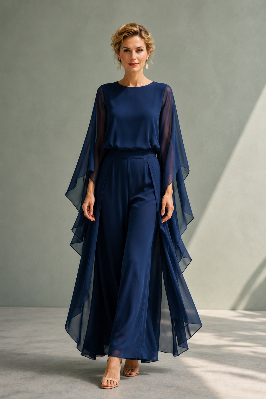 Women's Cape-Sleeve Wide-Leg Chiffon Jumpsuit – Navy