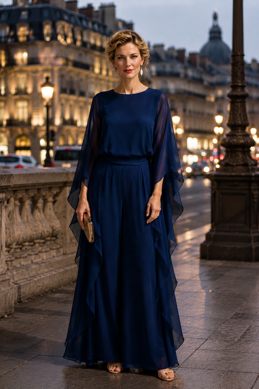 Women's Cape-Sleeve Wide-Leg Chiffon Jumpsuit – Navy