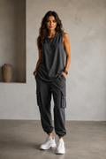 Women's Sleeveless Tank & Cargo Jogger Set – Charcoal Grey