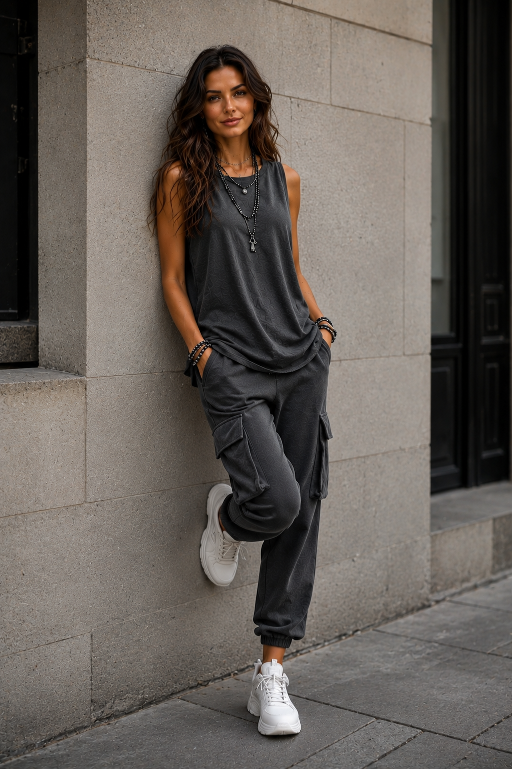 Women's Sleeveless Tank & Cargo Jogger Set – Charcoal Grey
