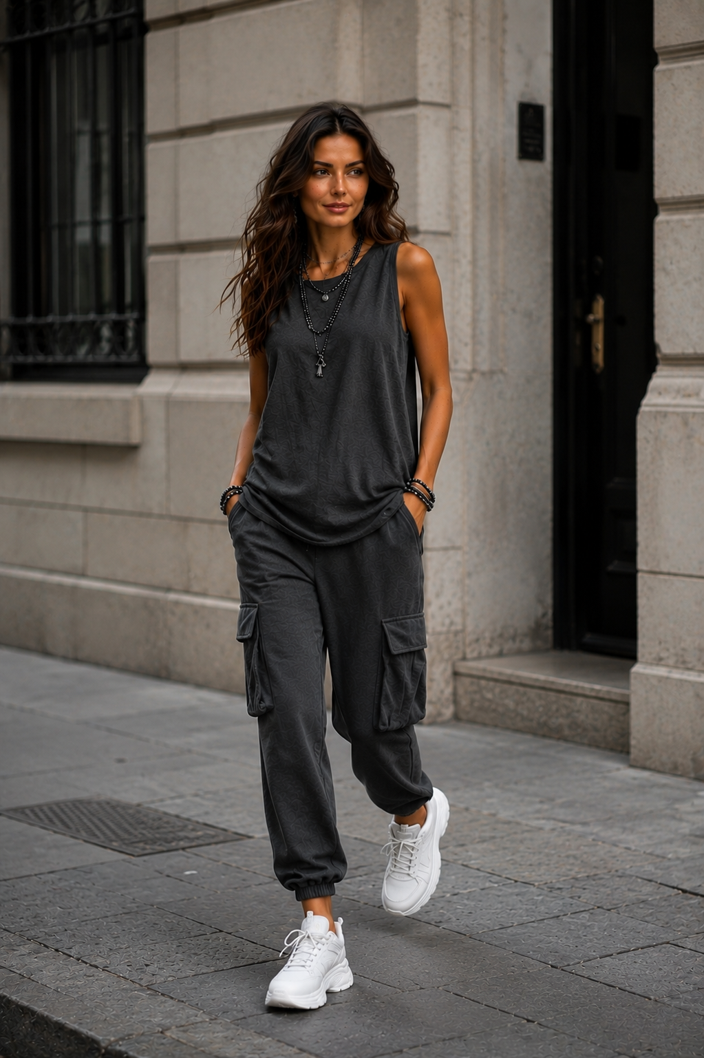 Women's Sleeveless Tank & Cargo Jogger Set – Charcoal Grey