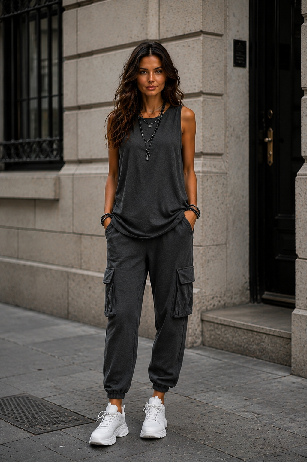 Women's Sleeveless Tank & Cargo Jogger Set – Charcoal Grey