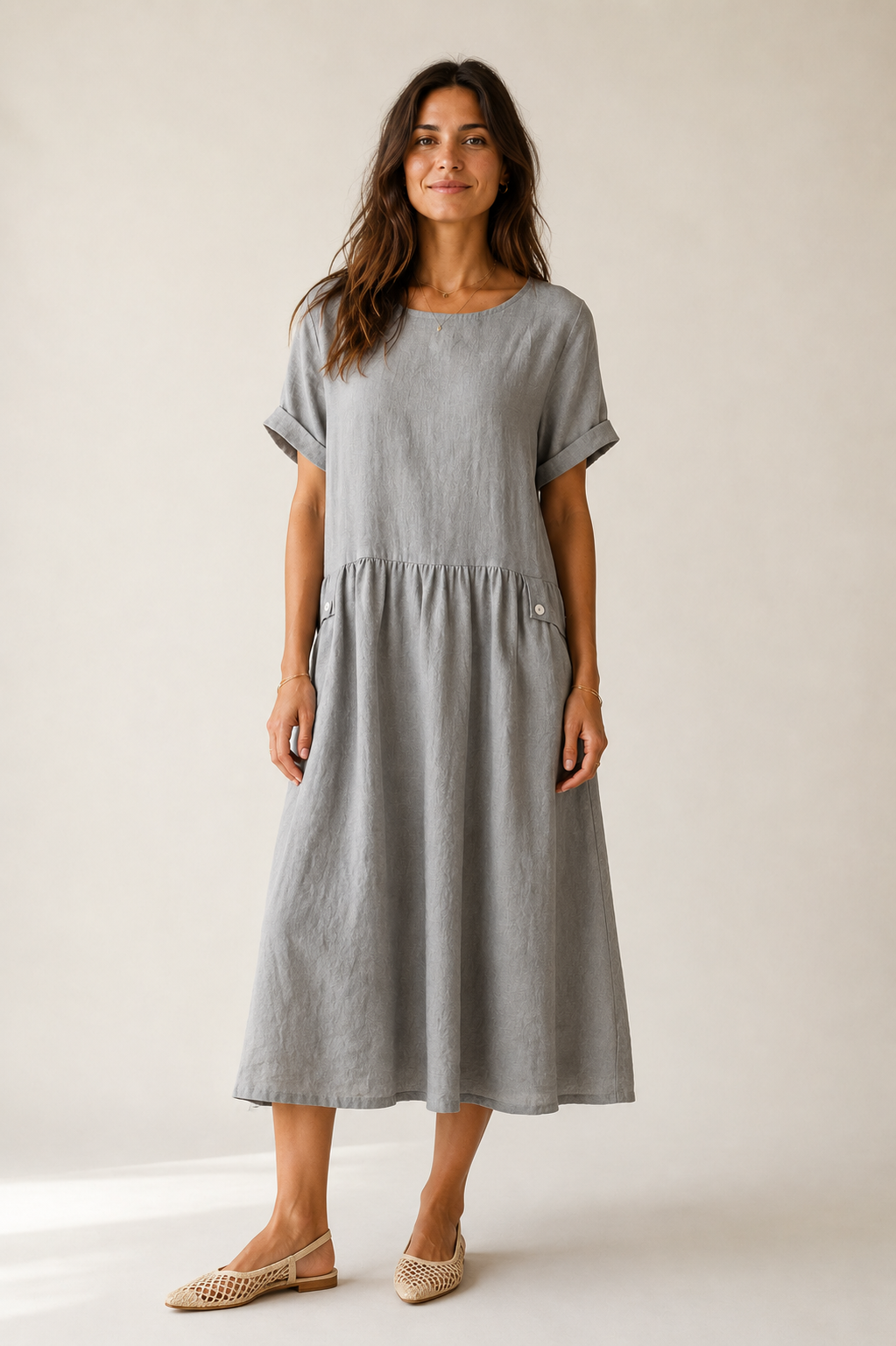 A-Line Pleated Midi Dress — Heather Grey — clean and elegant, keeps the signature A-line and pleating