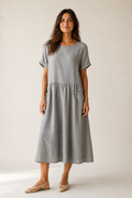 A-Line Pleated Midi Dress — Heather Grey — clean and elegant, keeps the signature A-line and pleating