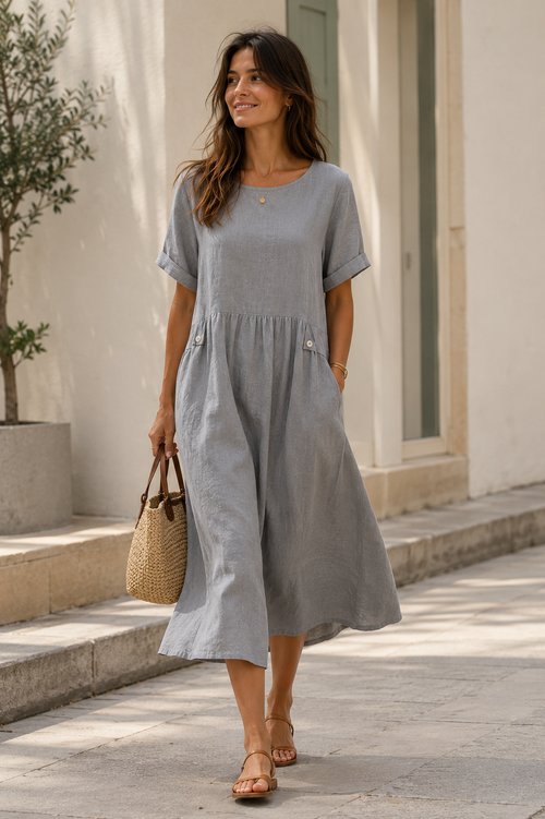 A-Line Pleated Midi Dress — Heather Grey — clean and elegant, keeps the signature A-line and pleating