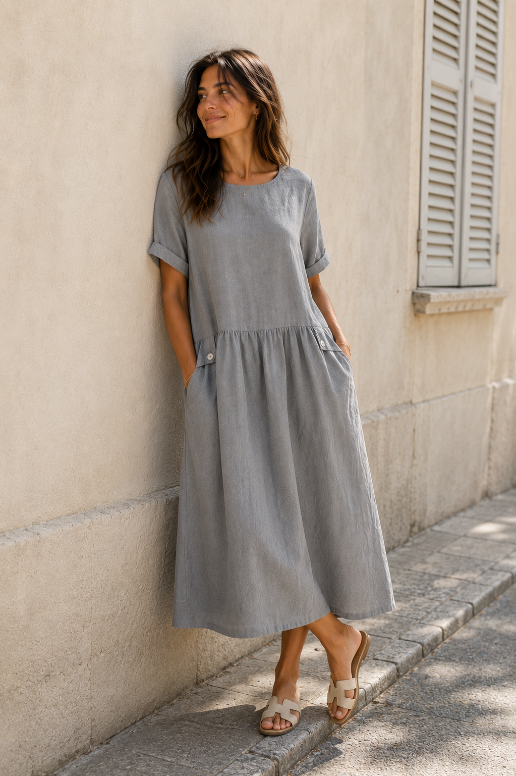 A-Line Pleated Midi Dress — Heather Grey — clean and elegant, keeps the signature A-line and pleating