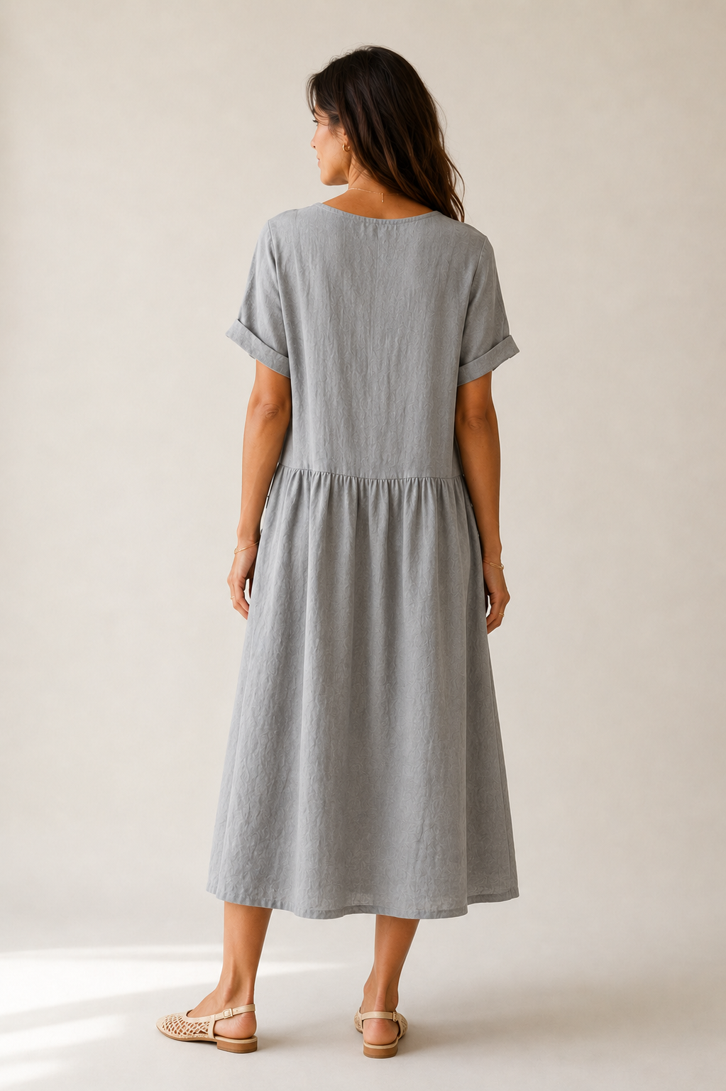 A-Line Pleated Midi Dress — Heather Grey — clean and elegant, keeps the signature A-line and pleating