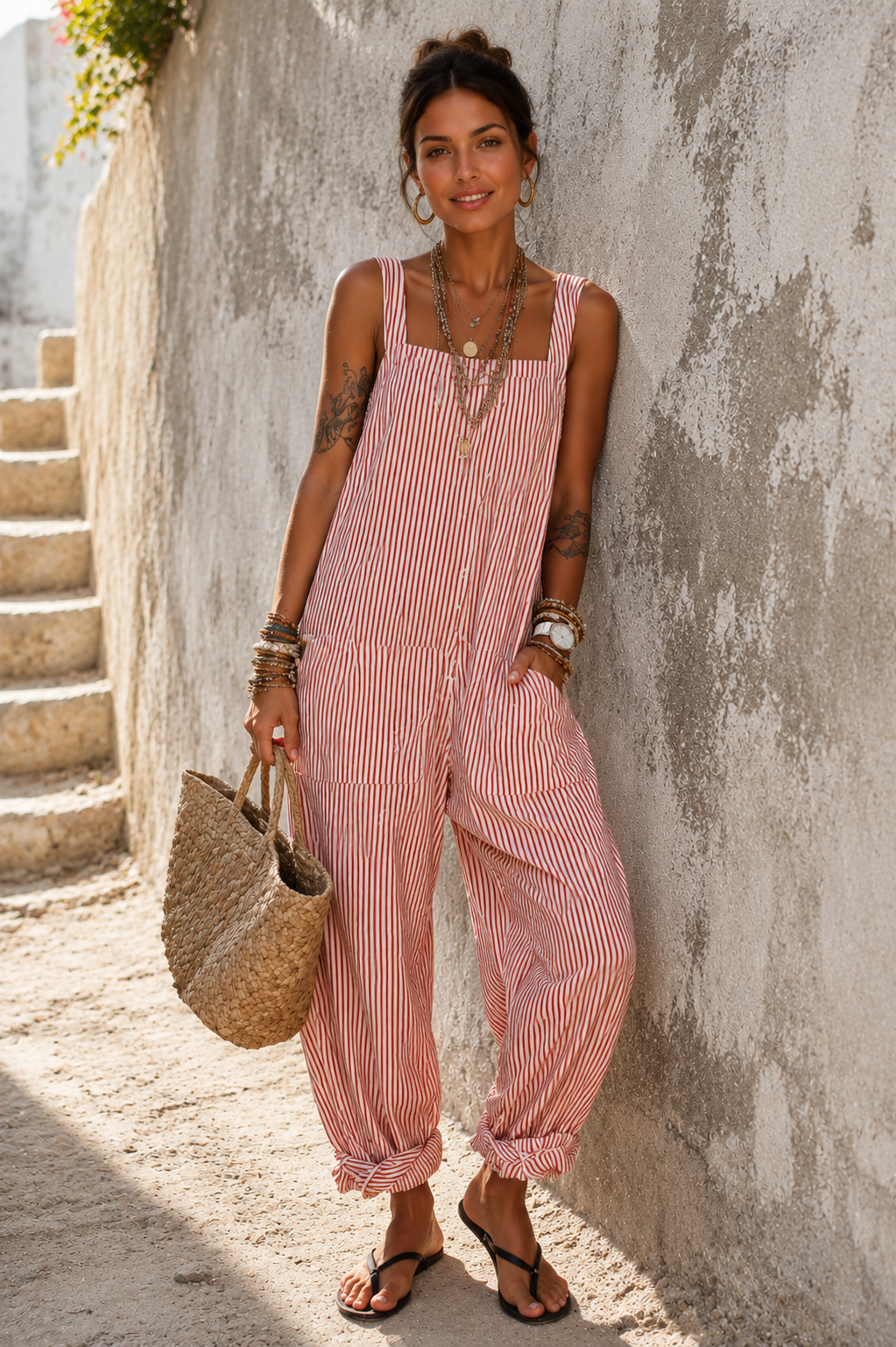 Women's Marinière Striped Loose-Fit Square-Neck Sleeveless Jumpsuit